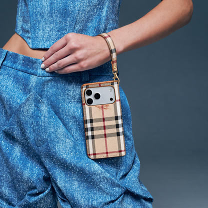 Beige Check Flip iPhone Case with Wrist Strap